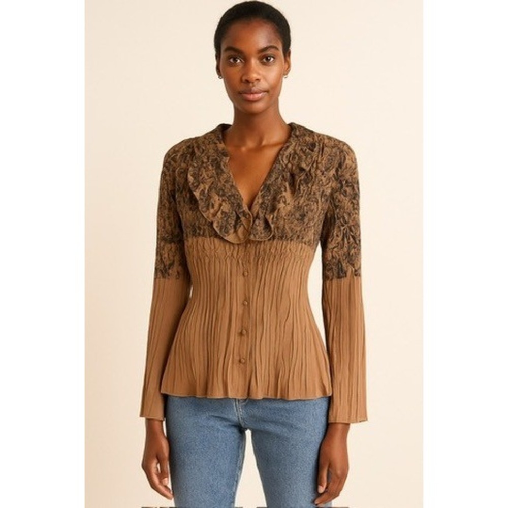 Ness Blouse Medium Brown Regency Ruffle Neck Long Sleeve Button‎ Down retro